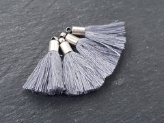 Mini Pewter Gray Tassels Earring Bracelet Tassel Fringe Turkish Findings Soft Thread - Matte Antique Silver Plated Cap - 26mm 4pc NEW CAP
