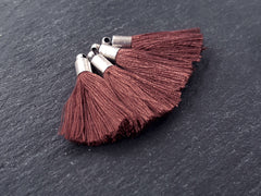 Mini Hickory Brown Tassels Earring Bracelet Tassel Fringe Turkish Findings Soft Thread - Matte Antique Silver Plated Cap - 26mm 4pc NEW CAP