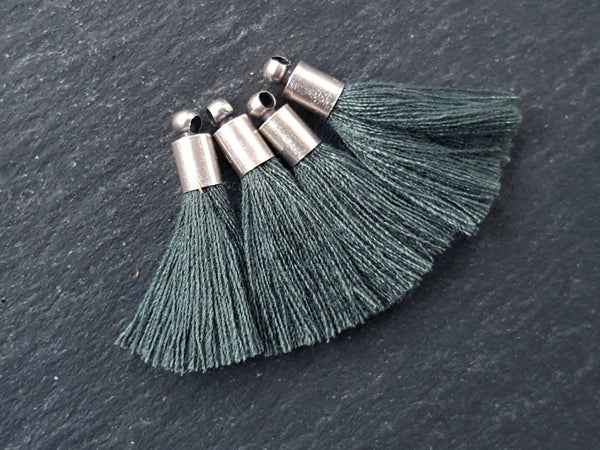 Mini Pine Green Tassels Earring Bracelet Tassel Fringe Turkish Findings Soft Thread - Matte Antique Silver Plated Cap - 26mm 4pc NEW CAP