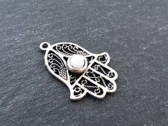 White Jade Stone Filigree Hand of Fatima Hamsa Pendant Charm, Silver charm, Boho Bohemian Ethnic Jewelry Antique Matte Silver Plated