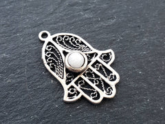 White Jade Stone Filigree Hand of Fatima Hamsa Pendant Charm, Silver charm, Boho Bohemian Ethnic Jewelry Antique Matte Silver Plated