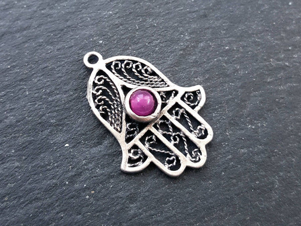 Hot Pink Jade Stone Filigree Hand of Fatima Hamsa Pendant Charm, Silver charm, Boho Bohemian Ethnic Jewelry Antique Matte Silver Plated