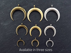6 Silver Crescent Moon Charms Pendant, Tribal Double Horn Charms, Moon Charms, Silver Horn, Boho, Antique Matte Silver Plated