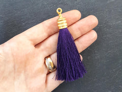 Deep Purple Silk Thread Tassel Pendant with Tiered 22k Matte Gold Plated Cap - Jewelry Making Tassel Supplies - 76mm = 3 inches - 1 pc