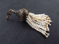 Large Freshwater Pearl Beaded Tassel with Crystal Accents Twisted Cap - Antique Bronze - 1PC