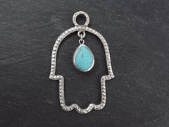 Large Dotted Cut Out Hamsa Hand Pendant With Dangle Turquoise Stone Tear Drop  Matte Silver Plated Turkish Jewelry Making Supply - 1pc