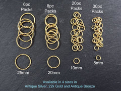 25mm Twisted Etched Gold Jump Rings - Round Gold Findings, Gold Supplies, Link, Ring, Loop 22k Gold Plated - 6pcs