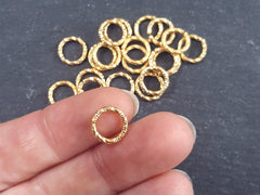 10mm Twisted Etched Gold Jump Rings -  Round Gold Findings, Gold Supplies, Link, Ring, Loop 22k Gold Plated - 20pcs