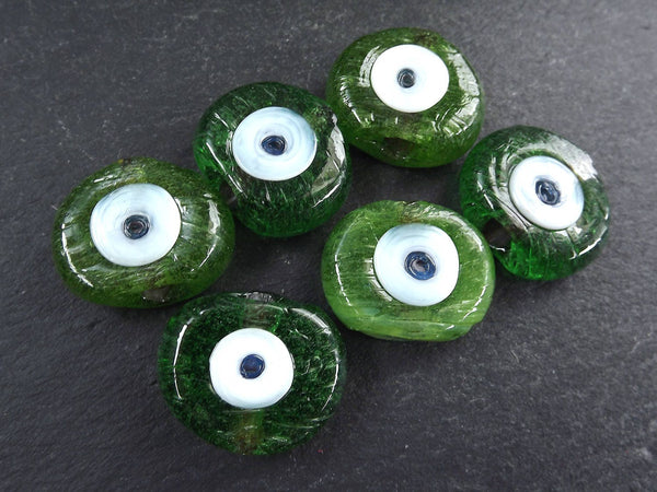 6 Moss Green Evil Eye Nazar Glass Bead Traditional Turkish Handmade Protective Lucky Amulet  26 mm VALUE PACK - Turkish Glass Beads