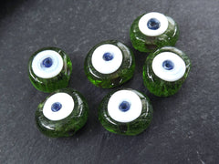 6 Moss Green Evil Eye Nazar Glass Bead Traditional Turkish Handmade Protective Lucky Amulet 16 mm - VALUE PACK - Turkish Glass Beads