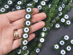 6 Moss Green Evil Eye Nazar Glass Bead Traditional Turkish Handmade Protective Lucky Amulet 16 mm - VALUE PACK - Turkish Glass Beads