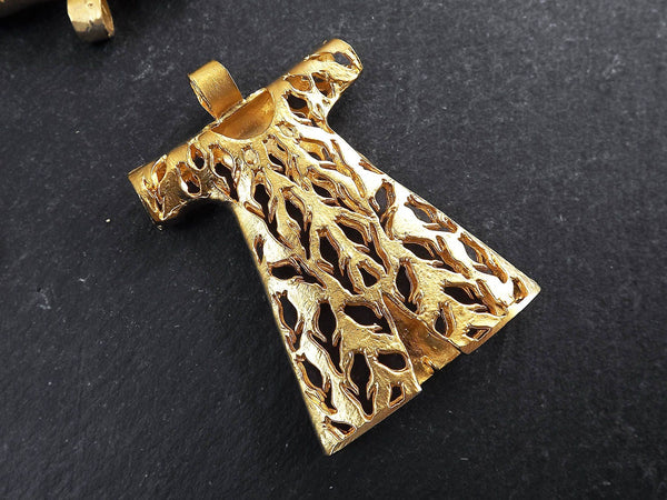 Extra Large Turkish Caftan Pendant with Bail Tulip Fretwork Pattern Turkish Jewelry Making Supplies 22k Matte Gold Plated - 1PC