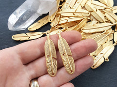 Gold Feather Charms, Curved Tribal Feather Pendants, 22k Matte Gold Plated, 2pcs