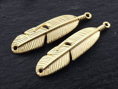 Gold Feather Charms, Curved Tribal Feather Pendants, 22k Matte Gold Plated, 2pcs