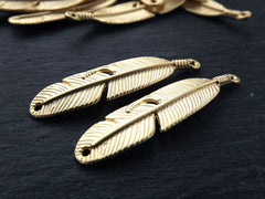 Gold Feather Charms, Curved Tribal Feather Pendants, 22k Matte Gold Plated, 2pcs