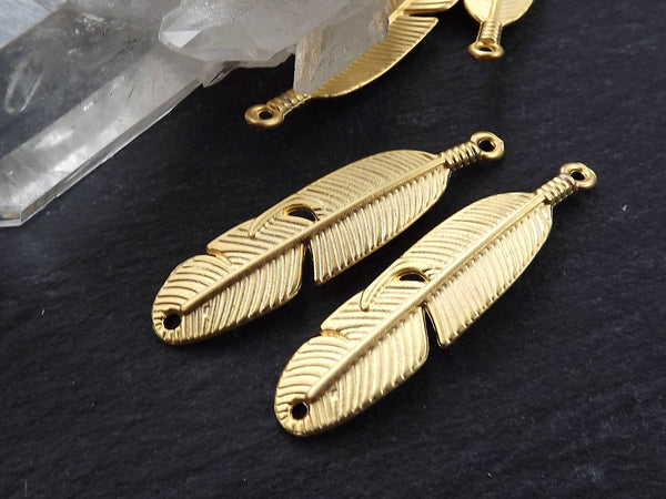 Gold Feather Charms, Curved Tribal Feather Pendants, 22k Matte Gold Plated, 2pcs