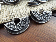Silver Tribal Charms, Semi Circle Pendant, Ethnic Pendant, Half Moon Pendants, Half Circle, Large Loop - Matte Antique Silver Plated - 2pc