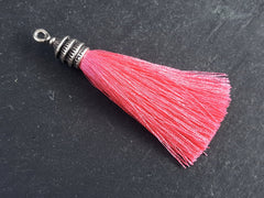 Candy Pink Silk Thread Tassel Pendant with Tiered Matte Antique Silver Plated Cap - Jewelry Making Tassel Supplies - 76mm = 3 inches - 1 pc