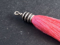 Candy Pink Silk Thread Tassel Pendant with Tiered Matte Antique Silver Plated Cap - Jewelry Making Tassel Supplies - 76mm = 3 inches - 1 pc