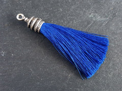 Royal Blue Silk Thread Tassel Pendant with Tiered Matte Antique Silver Plated Cap - Jewelry Making Tassel Supplies - 76mm = 3 inches - 1 pc