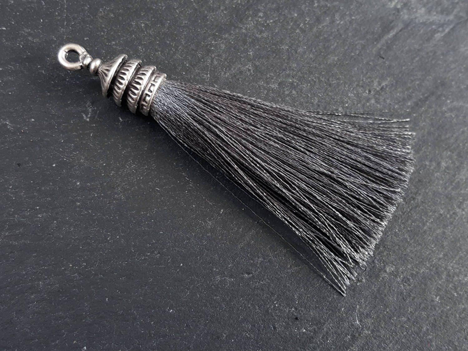 Gray Silk Thread Tassel Pendant with Tiered Matte Antique Silver Plated Cap, 76mm = 3 inches - 1 pc
