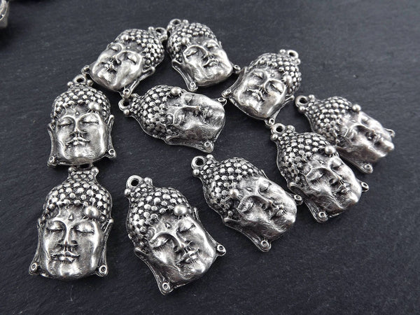STOCK CLEARANCE SALE!  70% Off 10 Medium Buddha Face Pendant Connector Matte Antique Silver Plated