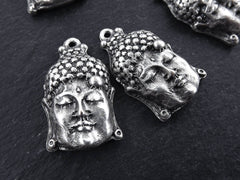 STOCK CLEARANCE SALE!  70% Off 10 Medium Buddha Face Pendant Connector Matte Antique Silver Plated