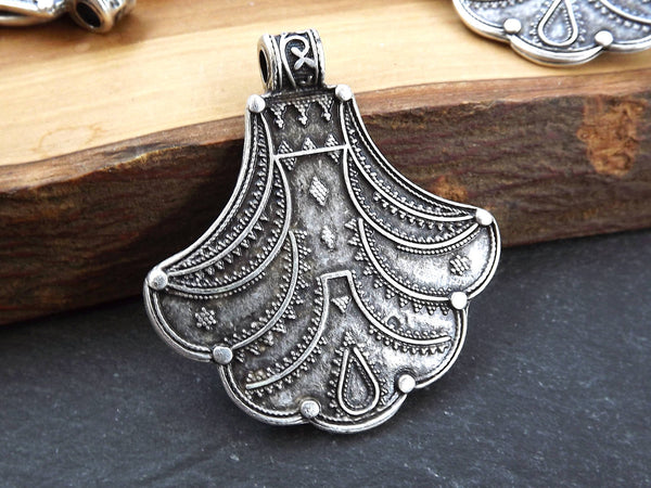 Nepalese Style Artisan Pendant Ethnic Tribal Pattern Rajasthan - Matte Antique Silver Plated - 1pc