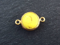 Small 14mm Yellow Dyed Turquoise Connector - 22k Matte Gold plated Bezel - 1pc
