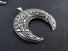 Large Crescent Pendant Tribal Double Horn Moon Detailed Pendant Matte Silver Plated Turkish Jewelry Making Supplies Findings Components  1PC