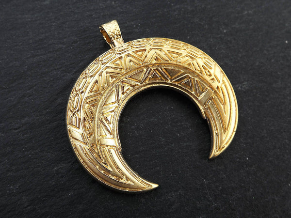 Large Gold Crescent Pendant, Double Horn Pendant, Tribal Pendant, Gold Moon, Geometric Detail, Moon Pendant, 22k Matte Gold Plated - 1PC