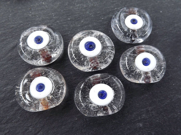 6 Clear Evil Eye Nazar Glass Bead, Good Luck Charm, Protective Amulet Talisman, Traditional Turkish Handmade Glass Beads, 26mm