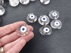 6 Clear Evil Eye Nazar Glass Bead, Good Luck Charm, Protective Amulet Talisman, Traditional Turkish Handmade Glass Beads, 26mm