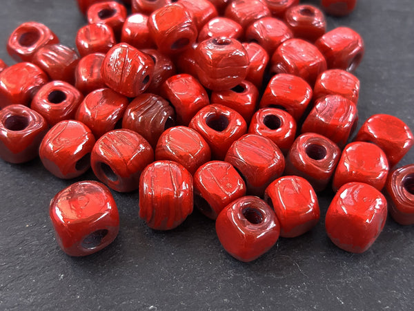 BULK - 30 Poppy Red Rustic Cube Glass Bead - Square Dice Shape Traditional Turkish Artisan Handmade - 7mm - Turkish Glass Beads