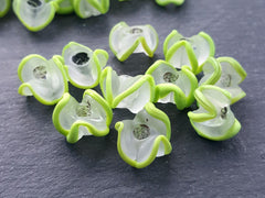 Lime Green Zig Zag  Line Frosty Translucent Pinched Wave Artisan Handmade Glass Bead - 15 x 12mm - 10pcs