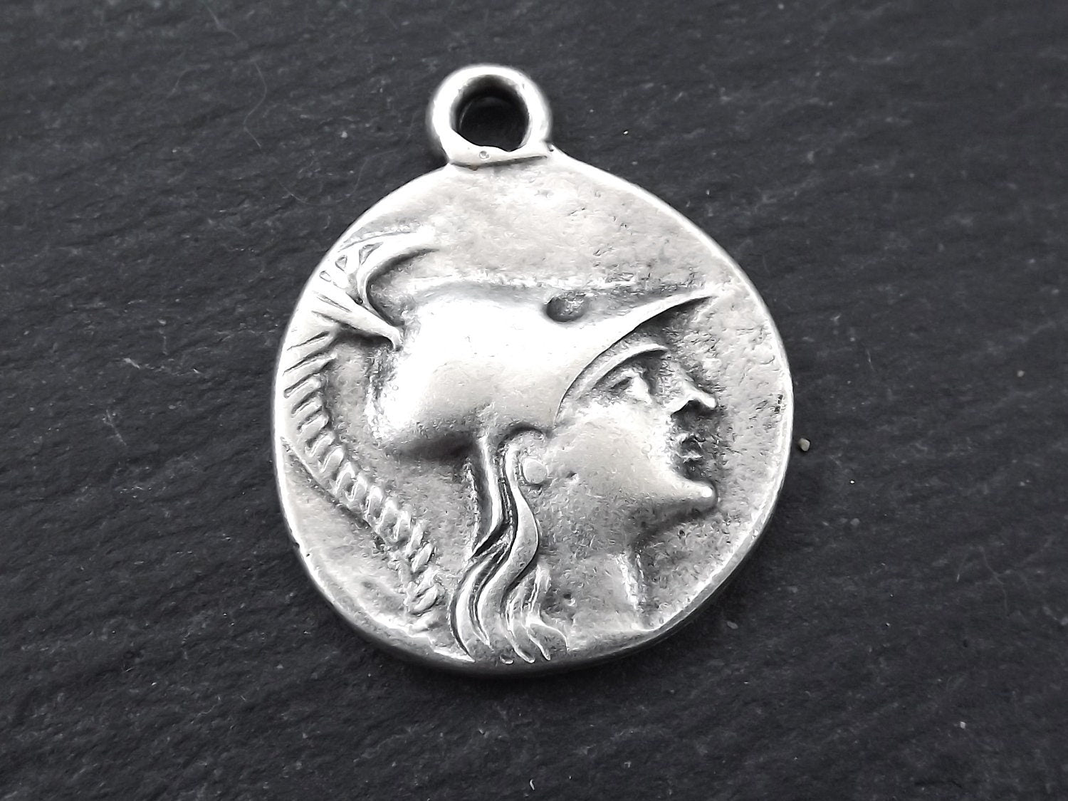 Greek Coin Medallion Rustic Cast Pendant - Pamphylia Silver Tetradrachm Athena - Matte Antique Silver Plated - 2pc