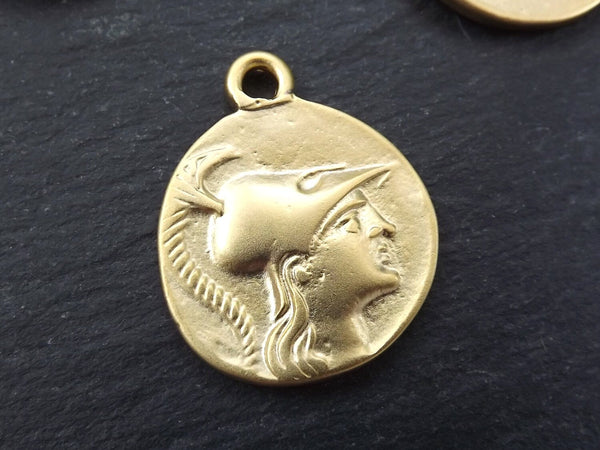 Gold Greek Coin, Gold Medallion, Rustic Cast Pendant, Replica Coin, Gold Coin, Pamphylia, Tetradrachm, Athena, 22k Matte Gold Plated - 2pc