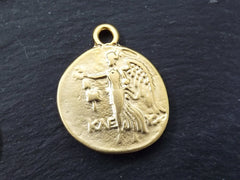 Gold Greek Coin, Gold Medallion, Rustic Cast Pendant, Replica Coin, Gold Coin, Pamphylia, Tetradrachm, Athena, 22k Matte Gold Plated - 2pc