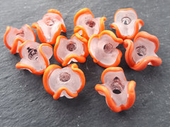 Orange Zig Zag  Line Frosty Translucent Pinched Wave Artisan Handmade Glass Bead - 15 x 12mm - 10pcs
