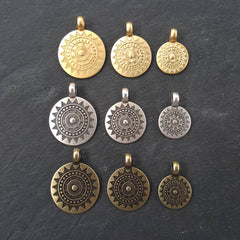2 Medium Ethnic Sun Mandala Round Disc Pendants with Side Facing - Antique Bronze Plated