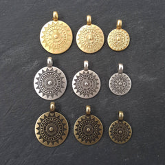 Ethnic Sun Mandala Pendant, Round Disc with Side Facing Bail, Zen Yoga Boho Jewelry, SMALL, Antique Bronze Plated, 2pc