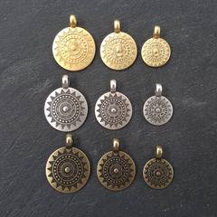 Large Ethnic Sun Mandala Pendant Round Disc with Side Facing Bail Zen Yoga Pendant Boho Jewelry - 22k Matte Gold Plated - 1pc