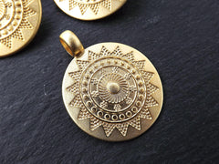 Large Ethnic Sun Mandala Pendant Round Disc with Side Facing Bail Zen Yoga Pendant Boho Jewelry - 22k Matte Gold Plated - 1pc