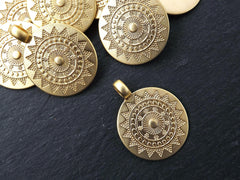 Large Ethnic Sun Mandala Pendant Round Disc with Side Facing Bail Zen Yoga Pendant Boho Jewelry - 22k Matte Gold Plated - 1pc