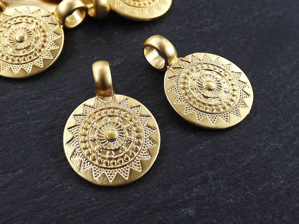 2 Small Ethnic Sun Mandala Pendant Round Disc with Side Facing Bail Zen Yoga Pendant Boho Jewelry - 22k Matte Gold Plated