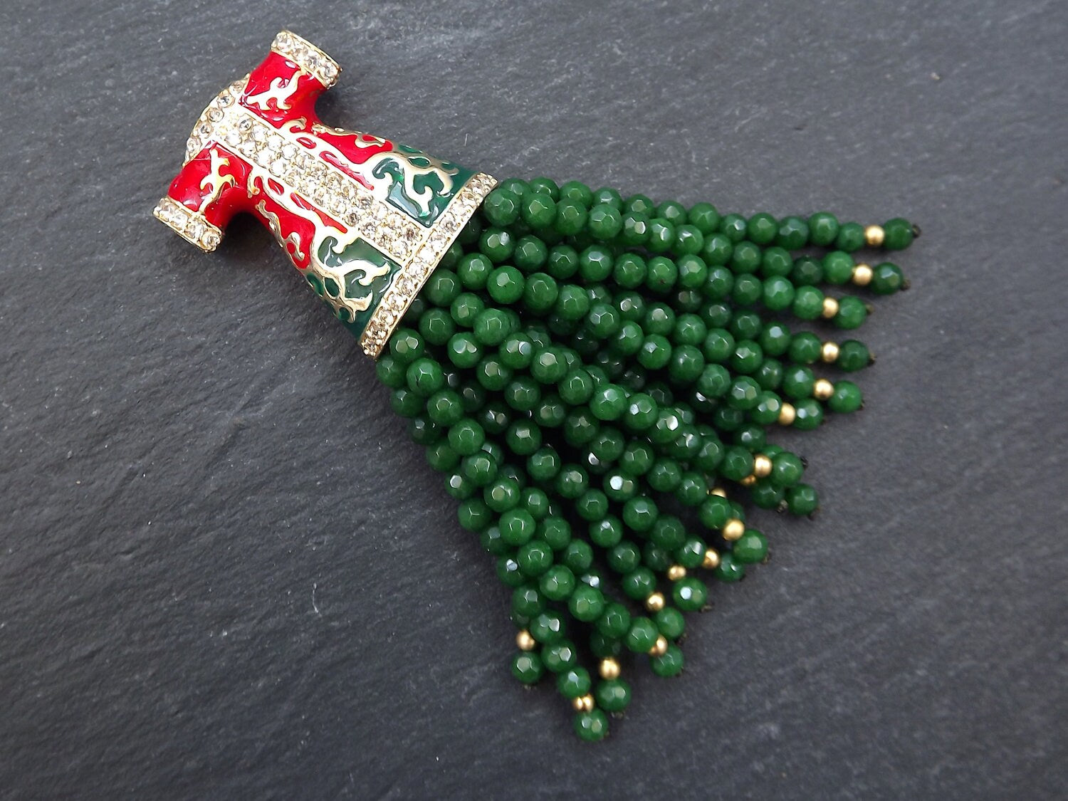 Large Turkish Caftan Facet Cut Green Jade Stone Beaded Tassel Pendant with Crystal Accents Antique Bronze - 1pc - Limited Stock