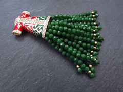 Large Turkish Caftan Facet Cut Green Jade Stone Beaded Tassel Pendant with Crystal Accents Antique Bronze - 1pc - Limited Stock