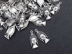 Silver Buddha Charms, Buddha Head, Tibetan Buddha, Buddha Pendant, Yoga Charms, Buddha Face, Silver Buddha Head, Antique Silver Plated 2pc