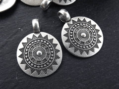 Ethnic Sun Mandala Round Disc Pendants with Side Facing Loop, Medium Size, Matte Antique Silver Plated, 2pc