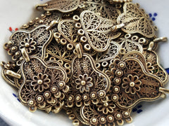 4 Filigree Telkari Chandelier Charm Pendants, Flower Detail, Bronze Charms, Filigree Earring Charms, 5 Loops Rings - Antique Bronze Plated